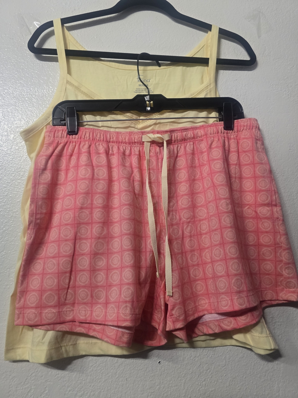 Felina Pink Patterned Drawstring Lounge Shorts with Yellow Tank
